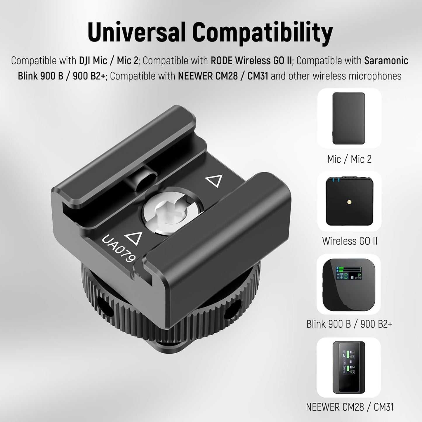 NEEWER Cold Shoe Mount Adapter Compatible with DJI Mic 2 Rode Wireless GO II Hollyland Saramonic NEEWER Wireless Mini Microphone, Anti Interference Offset Contact Design for Speedlite Flash, UA079