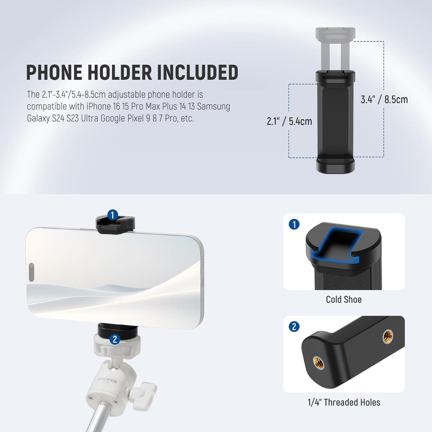 NEEWER Basics Mini Desk Selfie Stick Tripod Compatible with iPhone GoPro Insta360 DJI, Portable Small Camera Webcam Android Cell Phone Holder Ball Head Elevated Axis Video Recording Stand, TP43 White