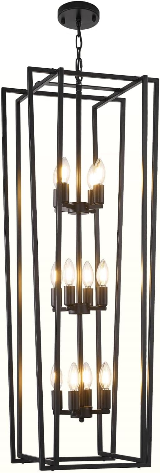 12-Light Tiered Lantern Pendant Light Fixtures,Large Foyer Chandeliers for High Ceilings,Industrial Foyer Lighting Fixtures,Long Chandeliers for High Ceilings,Farmhouse Chandelier for Entryway, Black