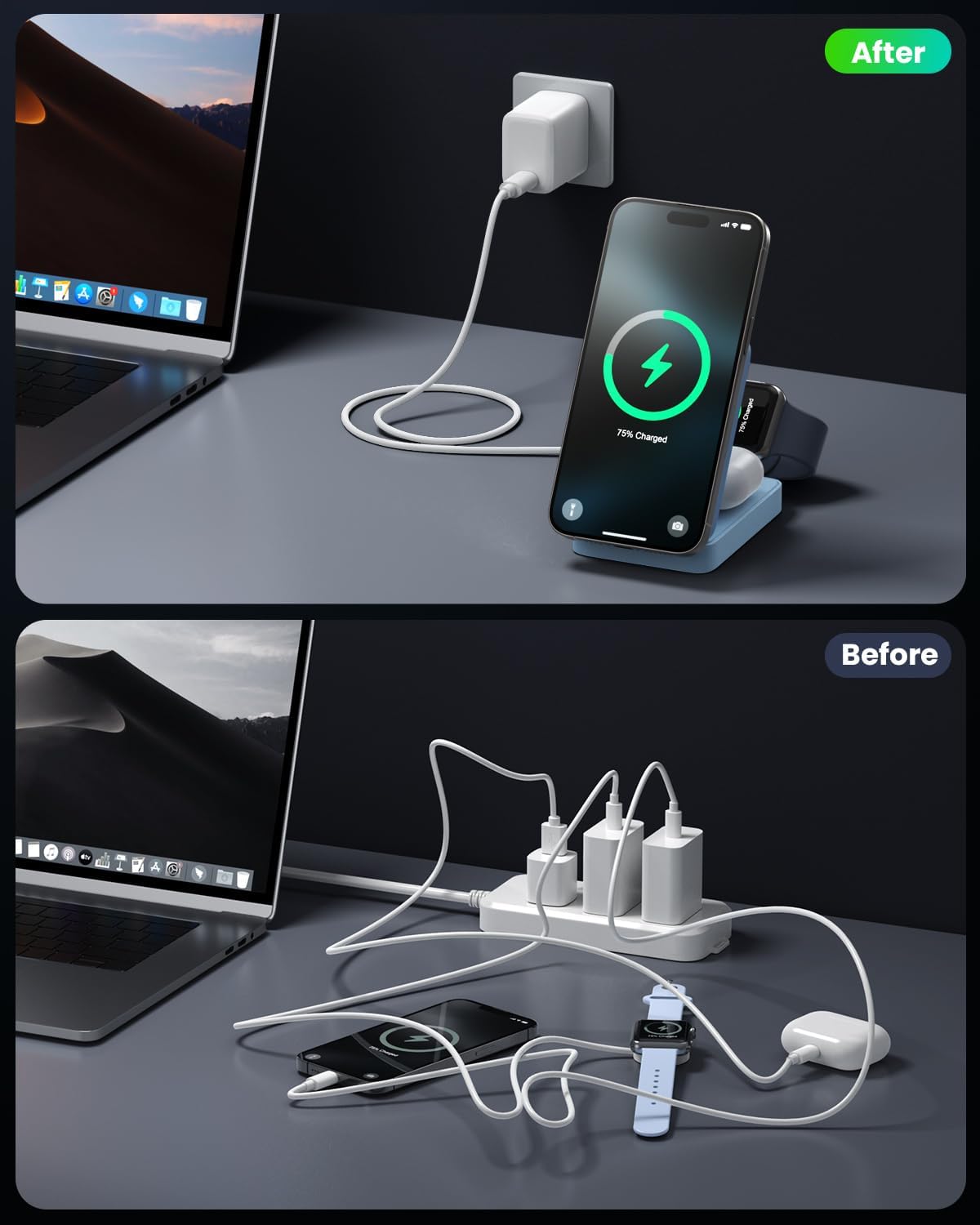 3-in-1 Wireless Charger Charging Station for iPhone, Qi2 Certified 15W Fast Charging Foldable Magnetic Charger Stand with 30W USB C Adapter for MagSafe iPhone 16/15/14/13/12, Apple Watch, AirPods