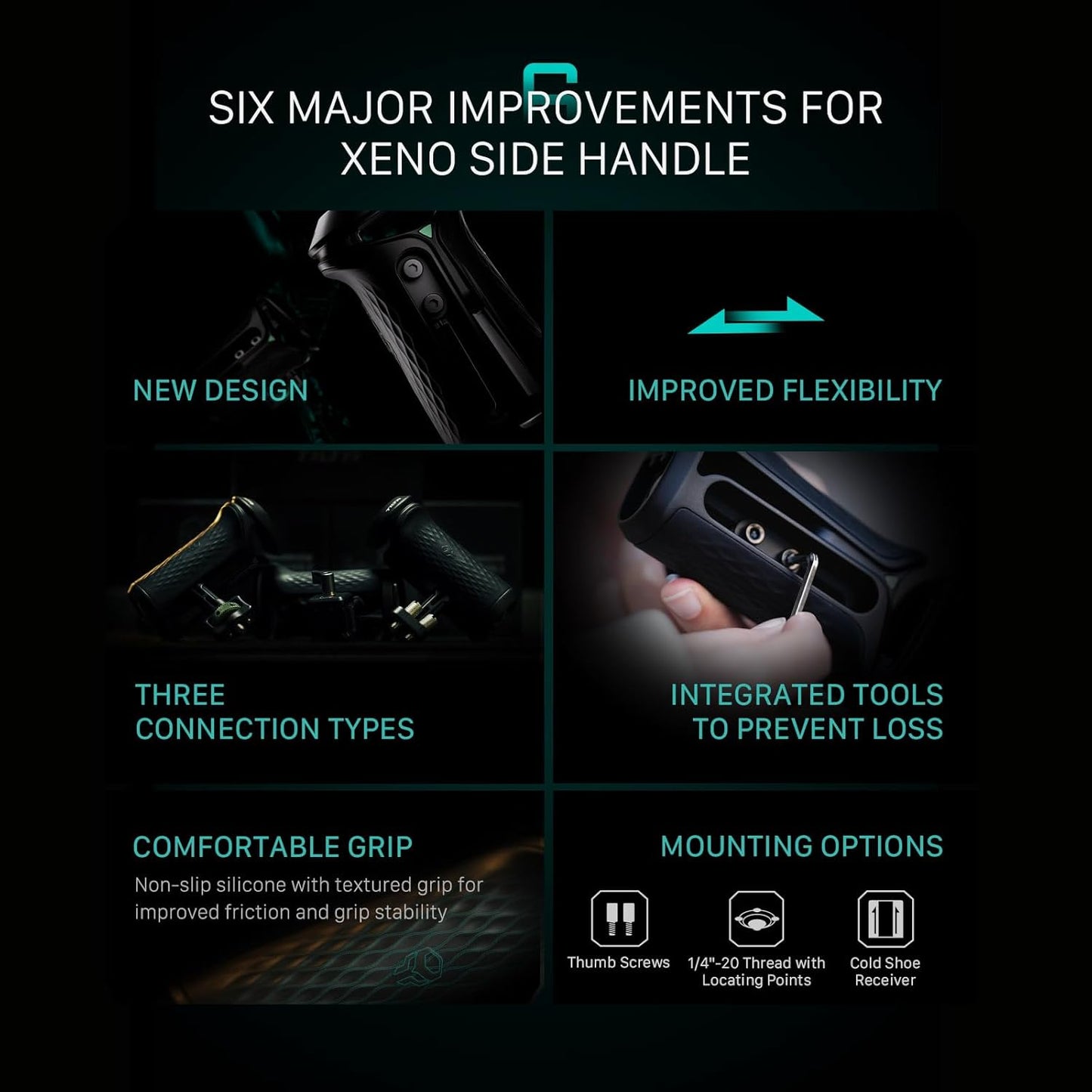Tilta Xeno Side Handle for Filmmakers & Cameras - Black | Secure Connection & Helps Prevent Rotation | Adjustable Height | Textured Silicone Grip | Convenient Assembly (Dual 1/4″-20)