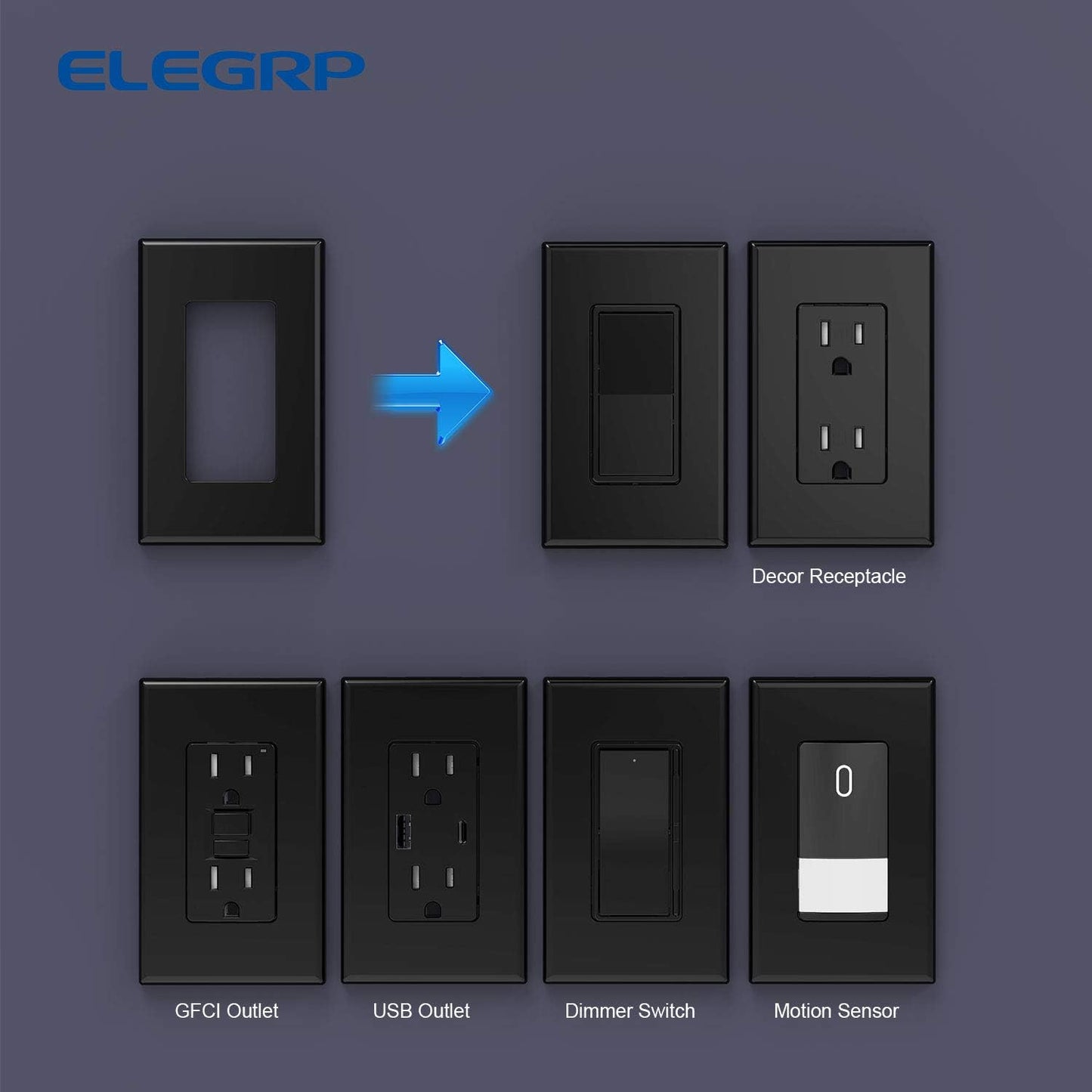 ELEGRP 1-Gang Screwless Decorative Wall Plates, Standard Size Unbreakable Thermoplastic Faceplate Cover for Decorator Receptacle Outlet Switch, UL Listed (20 Pack, Glossy Black)