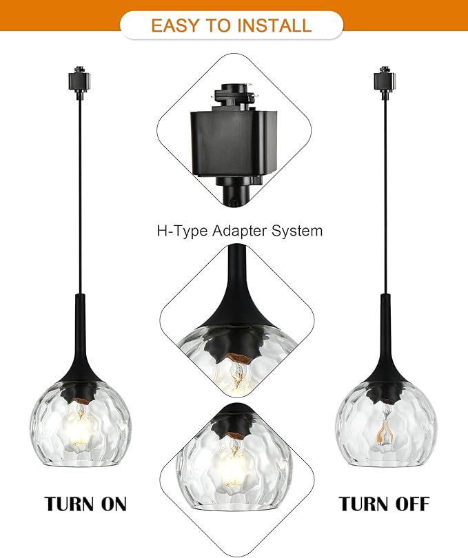 VINLUZ 3 Pack H-Type Matte Black Track Lighting Pendant Industrial Kitchen Island Lighting with Round Ribbed Glass Shades, Hanging Chandelier for Dining Room