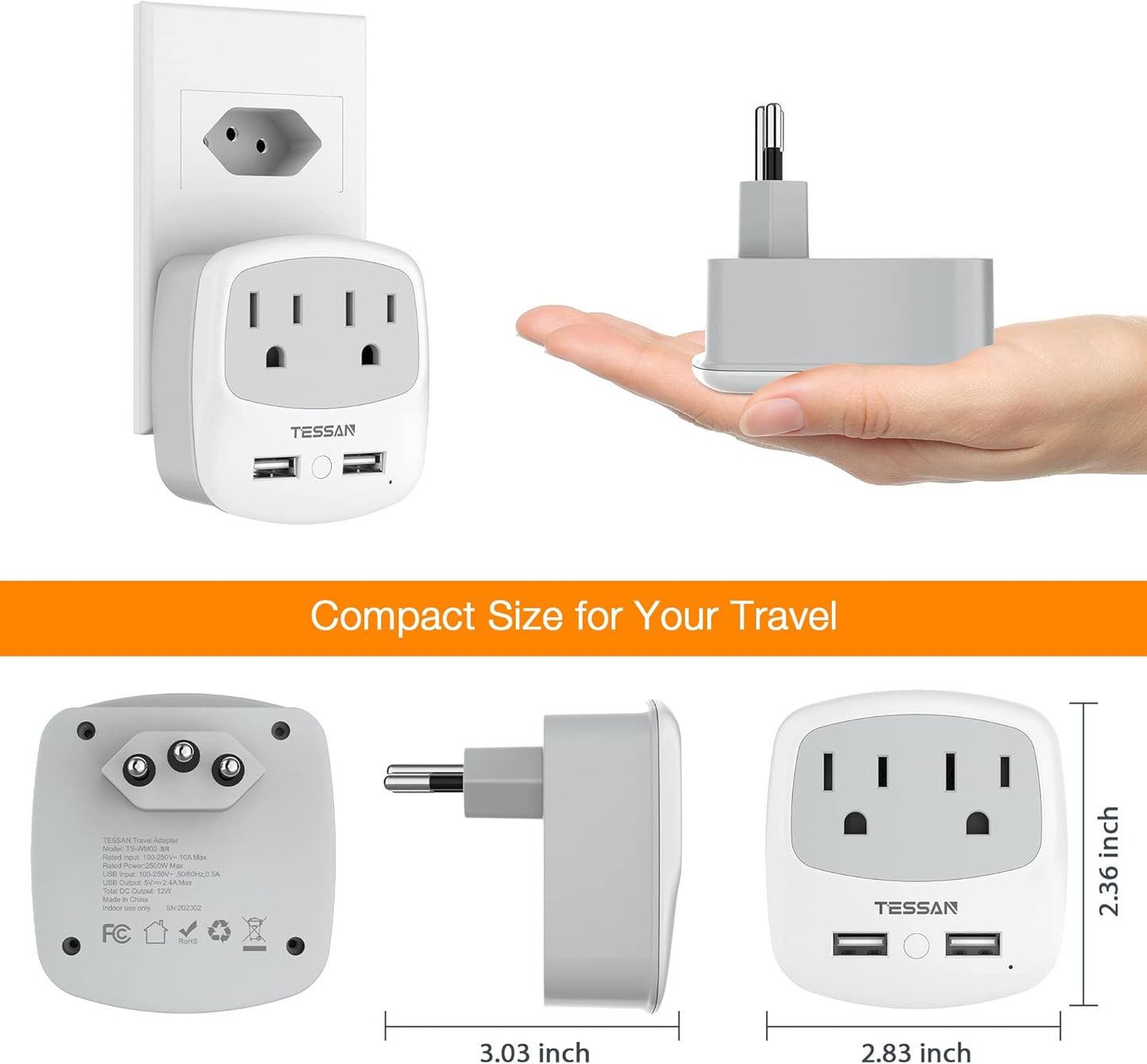 TESSAN Brazil Power Adapter, US to Brazil Plug Adaptor with 2 American Outlets and 2 USB Charging Ports, Type N Travel Adapter for USA to Brazilian Brasil