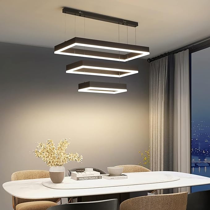 Modern Chandeliers for Living Dining Room, 3-Ring Rectangular LED Chandelier Light Fixture with Remote Control Dimming, Hanging Pendant Light with Adjustable Height, Black
