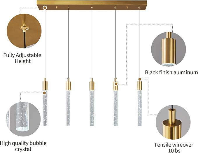 Kitchen Island Lighting Modern Light Fixture Gold Pendant Light Dimmable LED Brass Finish Mini Crystal Pendant Lights for Dining Room Living Room(5-Light)