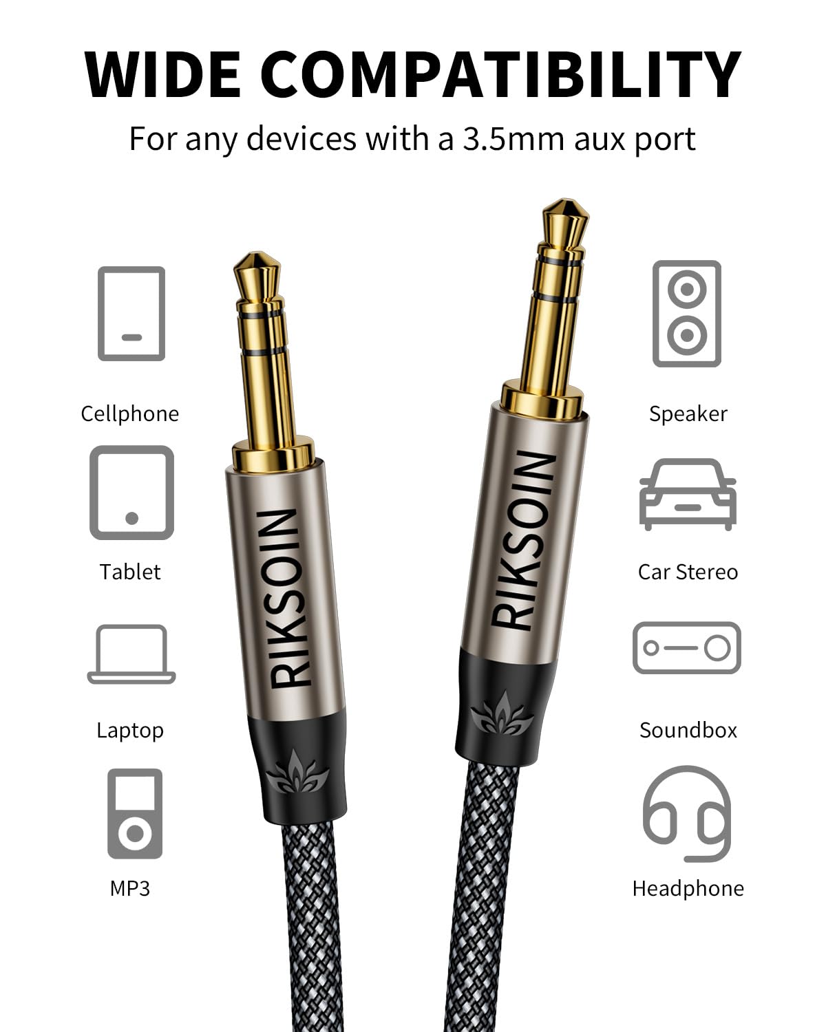 3.5mm Aux Cable 2FT/0.6m, Silver-Plated Wire Core Male to Male Cord for Headphones Car Home Stereos Speaker Compatible with iPhone iPad iPod Echo