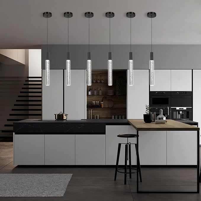 Modern Black Pendant Light Fixture 3-Color for Kitchen Island, 1-Light LED Acrylic Pendant Lighting Cord Adjustable Ceiling Hanging Lights for Living Room Bedroom Dining Room