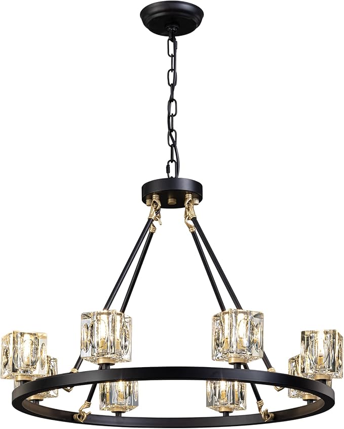 Black Wagon Wheel Chandelier, 8-Light Farmhouse Crystal Chandeleirs with Adjustable Height,Ceiling Hanging Light Fixture Pendant Lights for Living Room,Bedroom,Kitchen Island,Dining Room