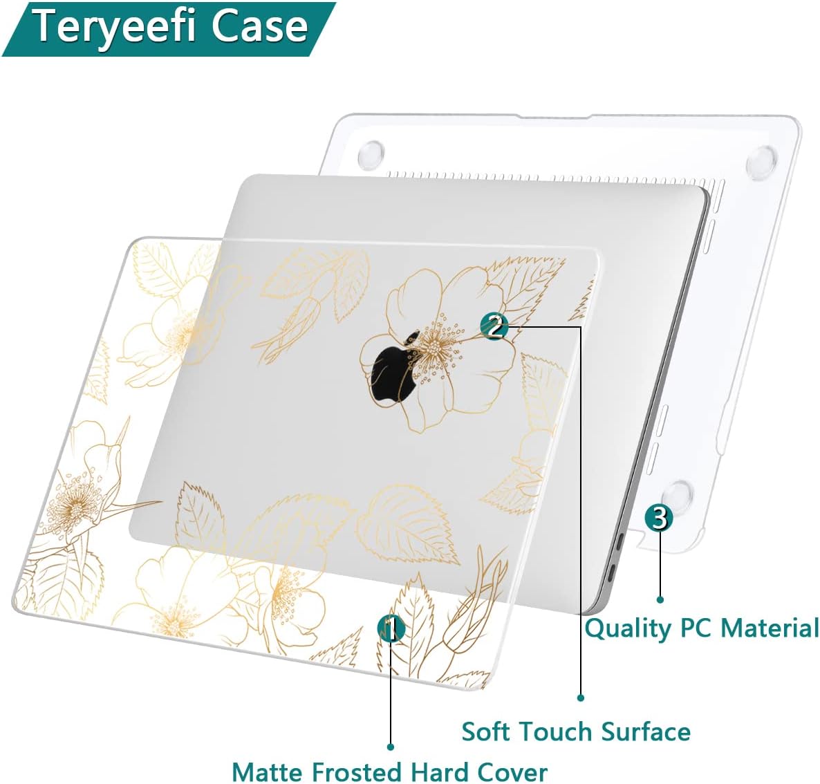 Teryeefi Compatible with 2018 2019 2020 MacBook Air 13 inch Case M1 Chip A2337 A2179 A1932 Retina Display Touch ID, Plastic Hard Shell & Keyboard Cover & Screen Protector,Gold Floral Leaf