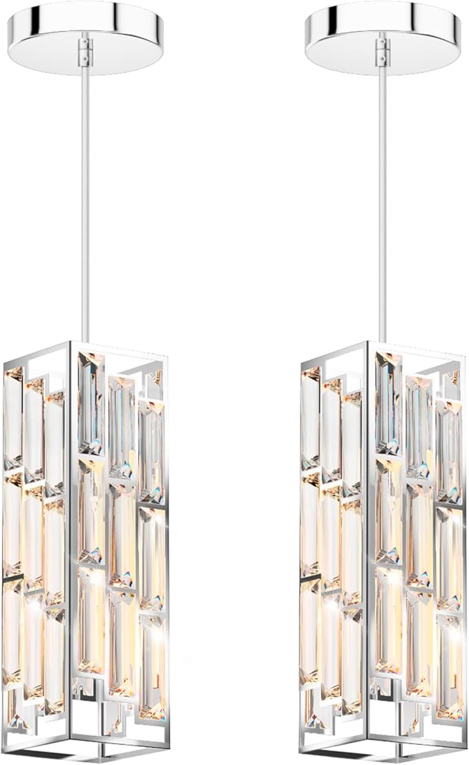 Chrome Pendant Lights Modern Pendant Light Fixture, Mini Crystal Pendant Ceiling Light, Pendant Light for Kitchen Island, Dinning Room, Bedroom, Kitchen Sink Lighting (2-Pack)