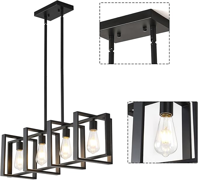 Farmhouse Rectangle Chandeliers for Dining Rooms, 31.5 INCH Modern Linear Hanging Light Fixture Matte Black 4-Light Industrial Pendant Lighting for Kitchen Island
