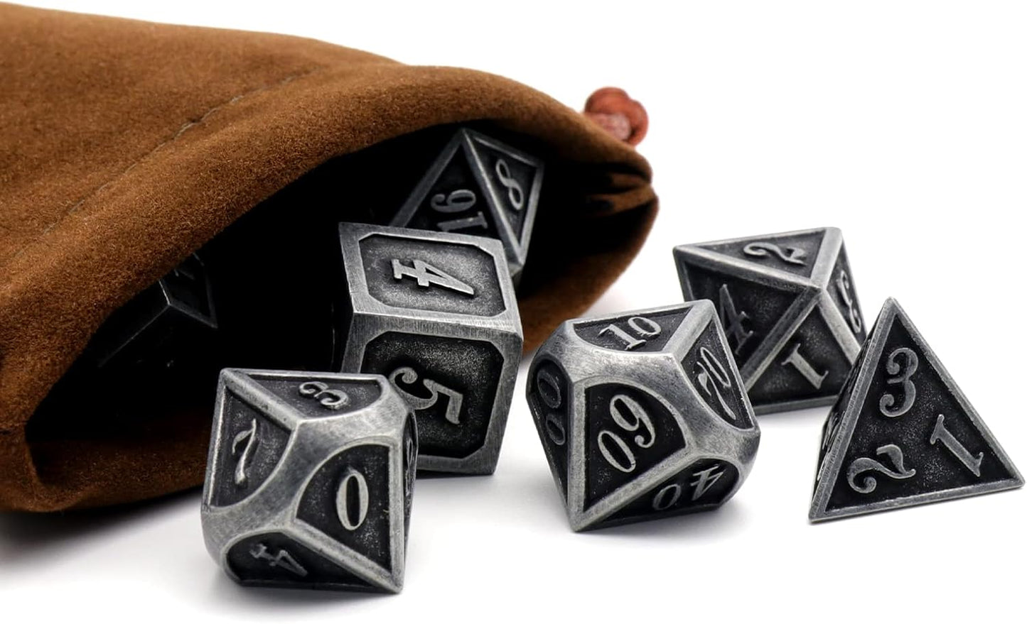 Metal Dice Set, HNCCESG Polyhedral D&D Dice for Dungeons and Dragons RPG DND Dice for Role Playing MTG Tabletop Gaming Shadowrun Pathfinder 7PCS D20 D12 D10 D8 D6 D4(Ancient Silver)