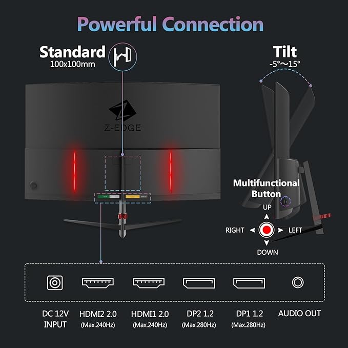 Z-Edge 27 inch Curved Gaming Monitor, FHD 1080P 240Hz 280Hz Curved 1500R Computer Monitor, Fast MPRT 1ms Monitor, 350nits, 16.7M Colors, 4000:1 Contrast, UG27P 2X DP 1.2 Ports and 2X HDMI 2.0 Ports