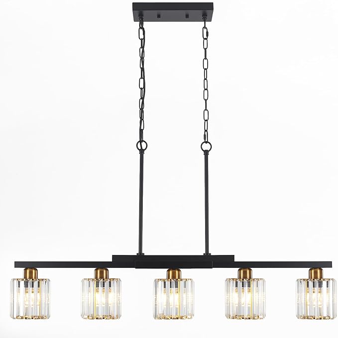 Kitchen Island Light Fixtures ,5 Lights Black and Gold Chandeliers for Dining Room Over Table, Modern Luxury Crystals Pendant Lighting Hanging