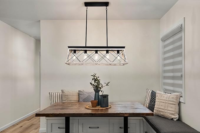 Luupyia Farmhouse Rectangular Chandelier Rustic, 5-Lights Kitchen Island Lighting, Linear Island Light Fixture Farmhouse Pendant Lighting Fixtures for Dining Room Pool Table Beige