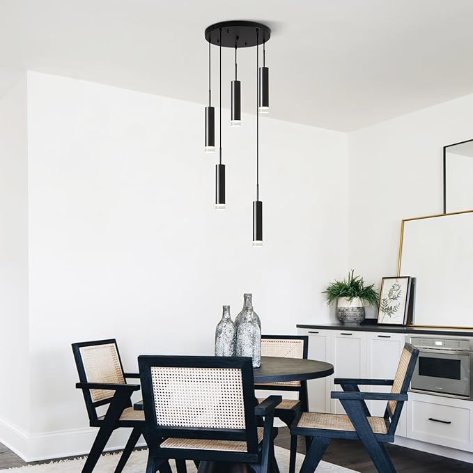 KCO Lighting Black Cluster Pendant Light Fixture Industrial Stairway Chandelier Lighting Cylinder Pendant Lights Kitchen Island Farmhouse Dining Room Light Fixtures