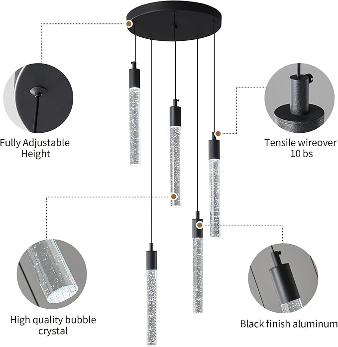 Modern Light Fixture Kitchen Island Pendant Light Dimmable LED Black Pendant Lights Mini Crystal Pendant Lighting for Bedroom Dining Room Living Room(5-Light )