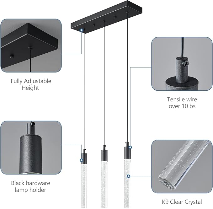 Kitchen Island Lighting Modern Light Fixture Black Pendant Light Dimmable LED Black Finish Mini Crystal Pendant Lights for Dining Room Living Room(3-Light )