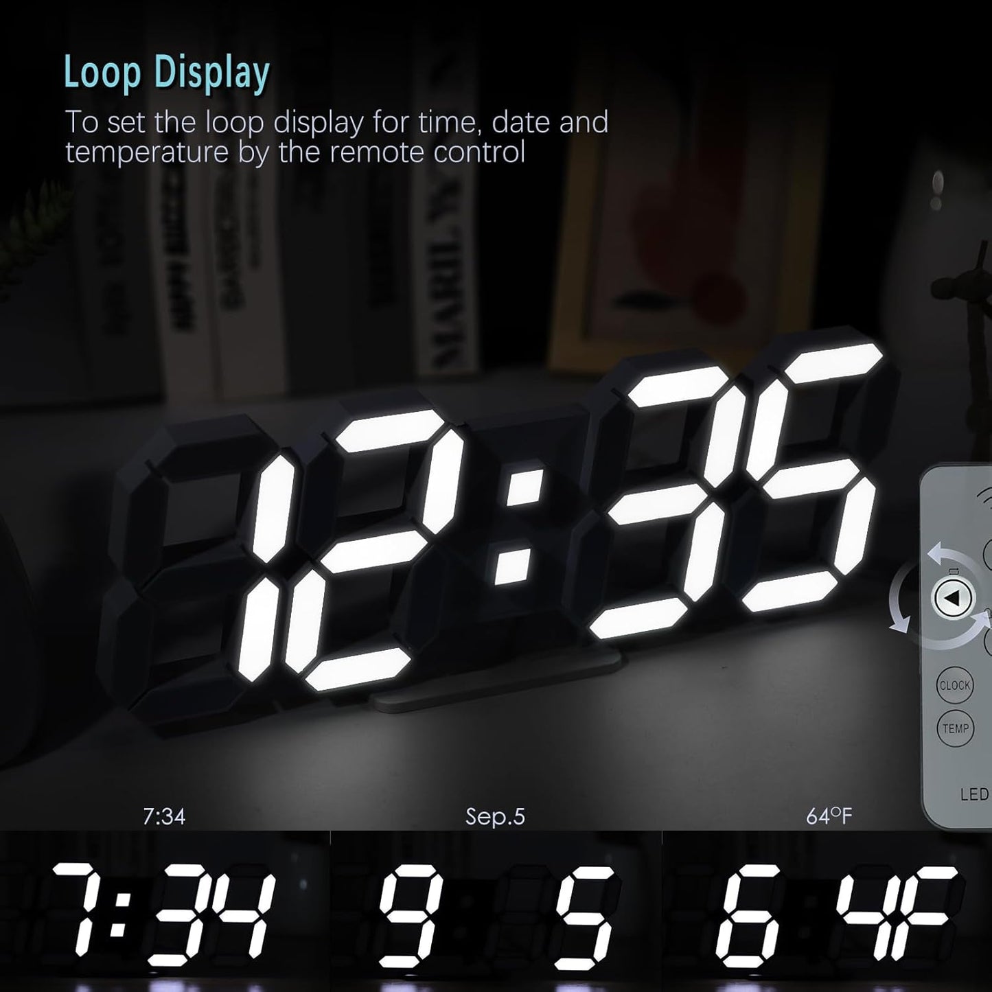 KOSUMOSU Wall Clock 15" 3D LED Digital Clock for Bedroom,Large Digital Wall Clock for Living Room Decor,Modern Aesthetic Led Clock with Remote Control