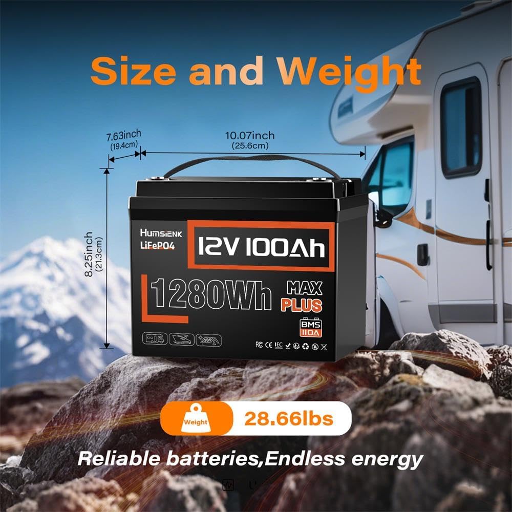 100Ah LiFePO4 Battery 12V Deep Cycle - Built-in 110A BMS with Low-Temp Protection, 15000+ Cycles Rechargeable Lithium Battery for RV Marine Solar Off-Grid/Trolling Motor/Home Backup (MAX PLUS Series)