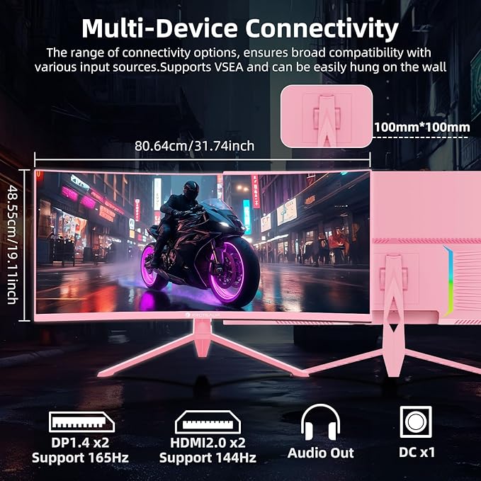 Pink 34 Inch Curved Gaming Monitor, 3440x1440 165Hz Ultrawide Computer Monitor, HDR400 1500R -Pip 1ms(Mprt) 125% sRGB, Dci-P3 92%, HDMI/DP, Port, Suitable for Games and Office Work
