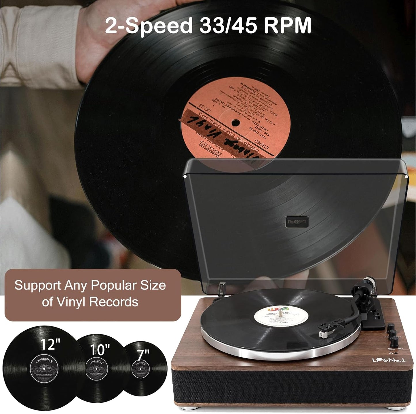 LP&No.1 Vinyl Record Player with Built-in Speakers, Vinyl Turntable with Magnetic Cartridge, Wireless,USB Recording and Playback,BT Out, Aux-in, Headphone Output,Auto Off, AT-3600L, 2-Speed Player
