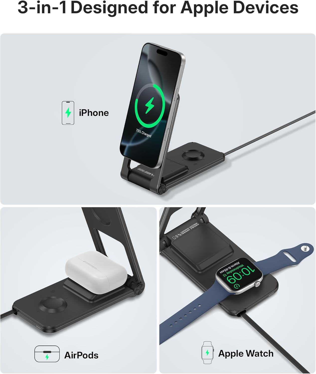 3 in 1 Charging Station for Apple Devices, Magnetic Wireless Charger Stand, 15W Foldable Travel Charging Dock for iPhone 16e 16 15 14 13 12 Pro Max Plus & Apple Watch & AirPods 4 3 2 Pro, Black