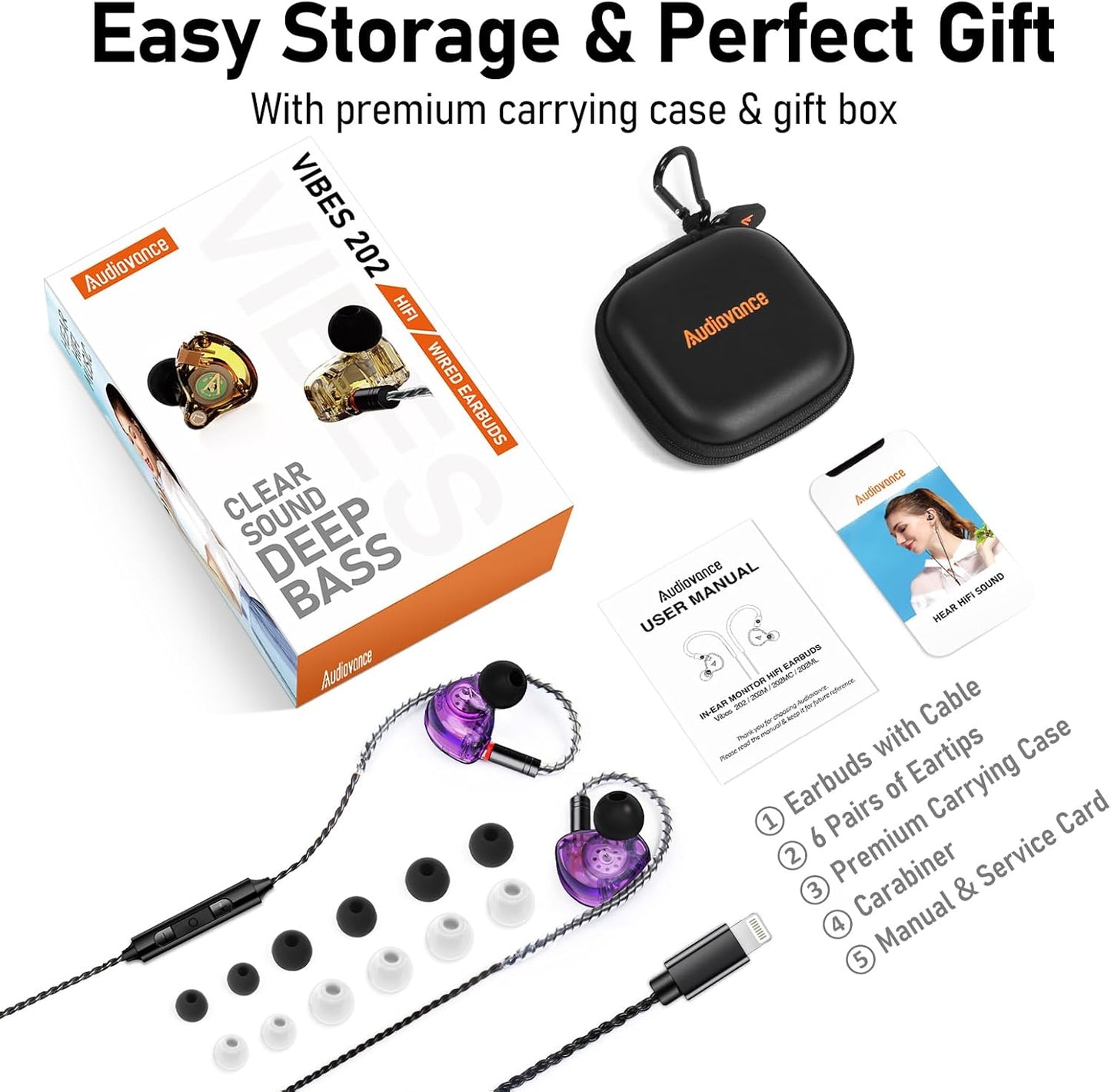Vibes 202ML Wired Earbuds - HiFi in Ear Headphones - Noise-Isolating Ear Buds w/ Mic - Clear Sound, Deep Bass, Comfort-Fit Earphones - MMCX–Lightning for iPhone 5–14, Silver Plated Cord, Carrying Case