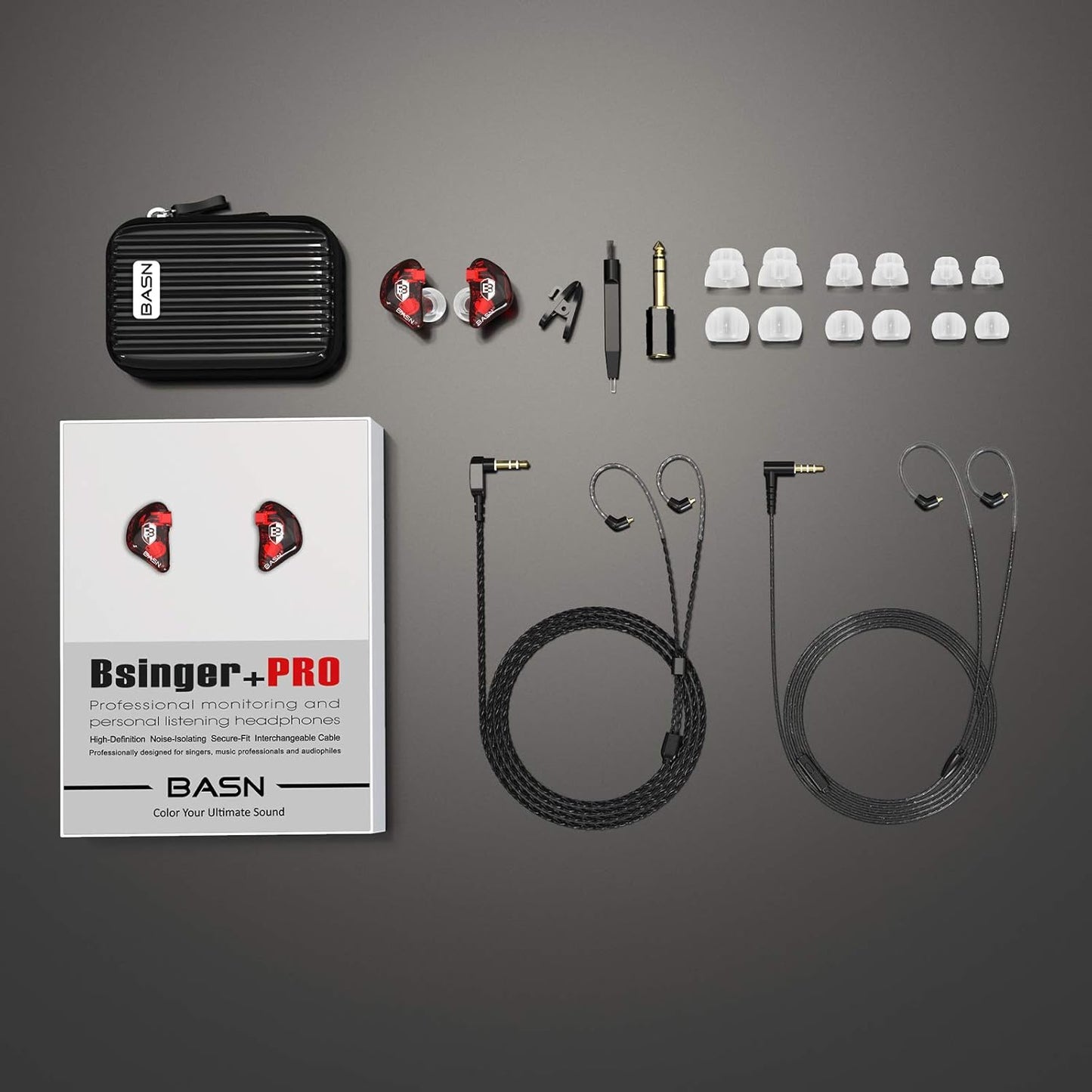 BASN Bsinger PRO in-Ear Monitors Hybrid Dynamic Dual Drivers Two Detachable MMCX Cables Musicians in-Ear Earbuds Headphones (Red)