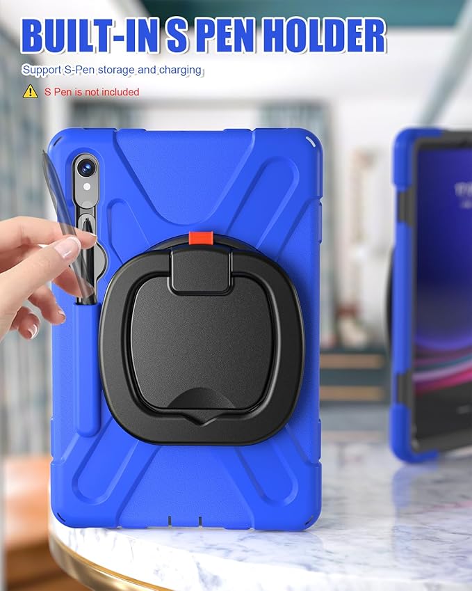 BRAECN Rugged Case for Galaxy Tab S10 Lite/S10 FE/S9 FE 10.9 Inch & S9/S8/S7 11 Inch 2025/2023 SM-X400/X520/X510/X710 | Heavy Duty Silicone Cover with Kickstand, Shoulder Strap & S Pen Holder, Blue