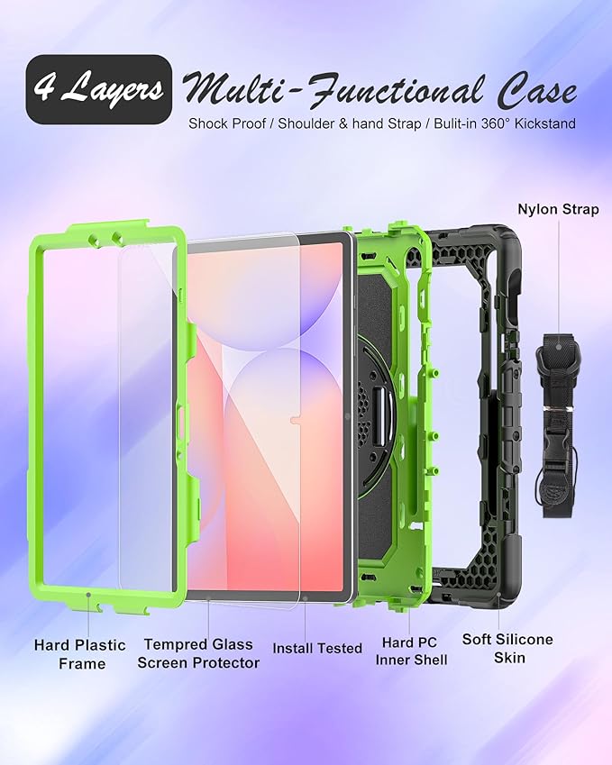Case for Samsung Galaxy Tab S10 Lite/ S10 FE / S9 FE 10.9 Inch / S9 11'' 5G Protective with Screen Protector/Pen Holder/Hand Strap, Heavy Duty Shockproof Tablet Cover for S10 Lite, Green
