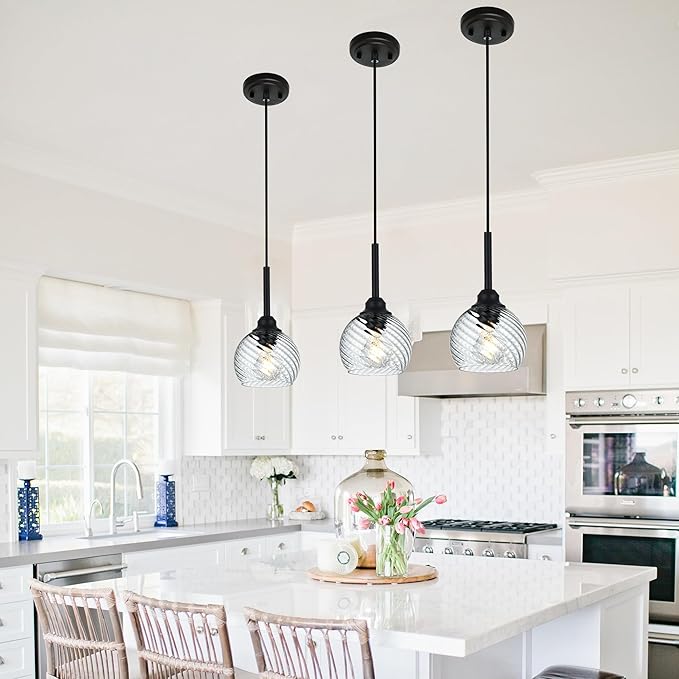 3 Pack Dining Room Light Fixtures Hanging with Clear Striped Swirl Globe Glass, Stylish Kitchen Island Hanging Pendant Light Black for Bar Hallway Bedroom, 1-Light