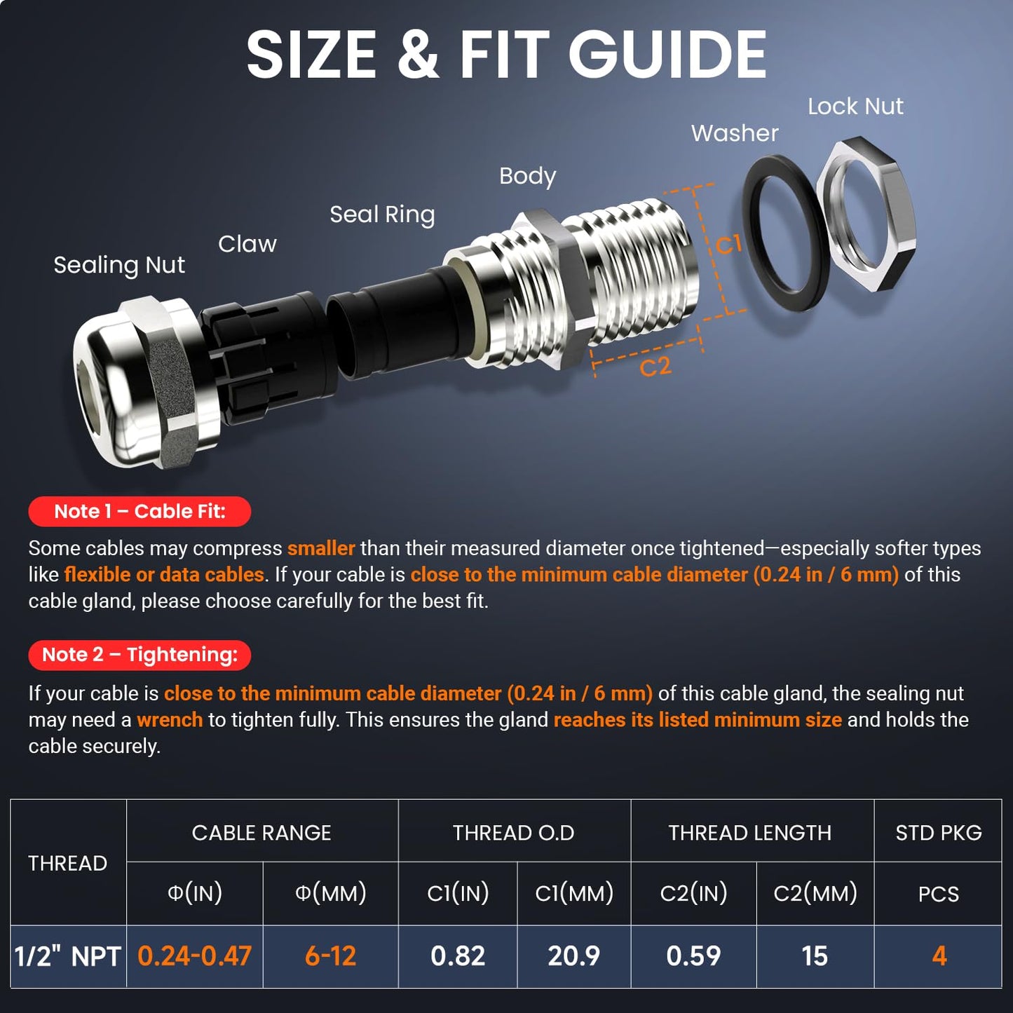 QILIPSU 10pcs 1/2" NPT 304 Stainless Steel Cable Gland Long Thread Waterproof IP68 Metal Strain Relief Cord Grip Cable Pass Through Wire Connector