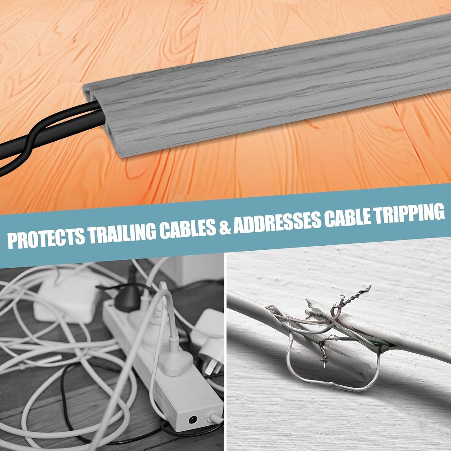 Floor Cord Cover Self Adhesive Cord Hider,3.3FT Cable Management, Extension Strip Protector for Wires, Prevent Cable Trips for Offices, Gyms, Exhibitions Cavity:0.51"(W) x 0.3"(H) Gray Wood