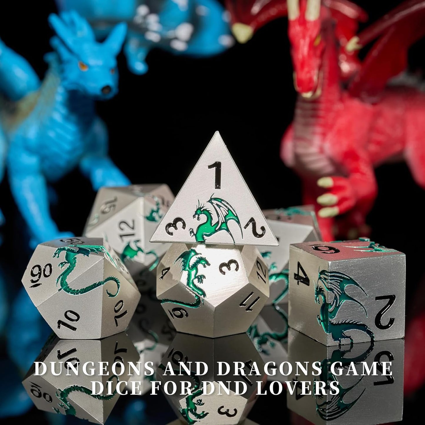Metal DND Dice Set,Blue Dragon Heavy Metal Dice Set D&D,Dungeons and Dragon TTRPG Role Playing Table Games(Sliver Green Dragon)