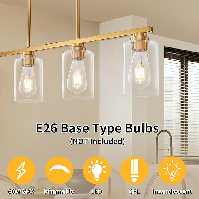 Island Light for Kitchen, Brushed Gold Dining Room Light Fixture Over Table, 4-Light Linear Chandelier Pendant Lighting for Dining Table Kitchen Island Living Room