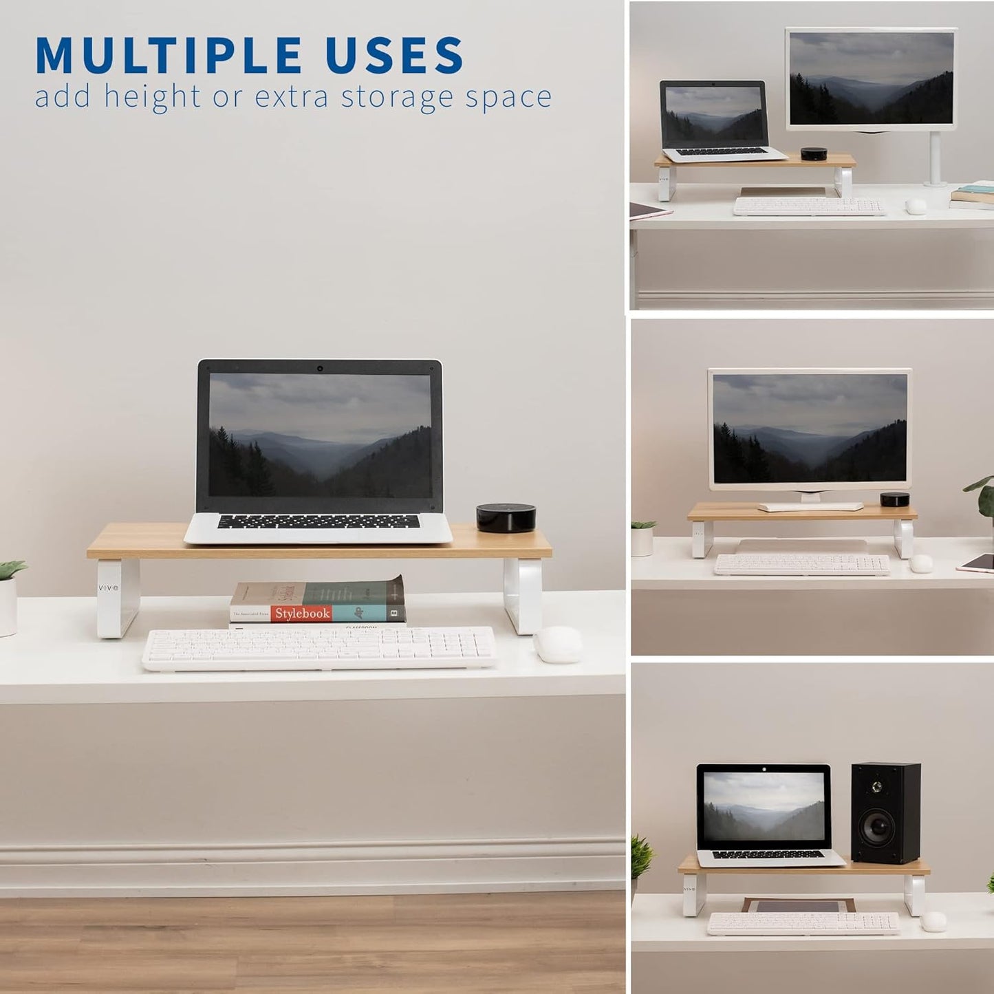 VIVO 24 inch Monitor Stand, Wood and Steel Desktop Riser, Screen, Keyboard, Laptop, Small TV, Ergonomic Desk and Tabletop Organizer, Light Wood, STAND-V000WM