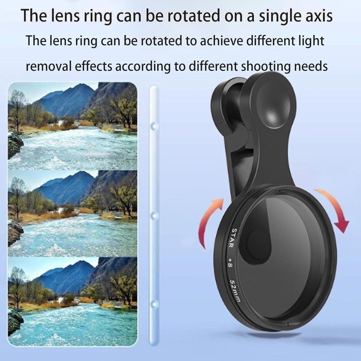 52mm Clip-On Cpl Phone Camera Lens Filter Kit, Circular Polarizer Polarizing Filter Compatible with Most Cell Phones, Cell Phone Lens Polarizing Filter for Iphone with Cleaning Cloth and Case Box(2pcs