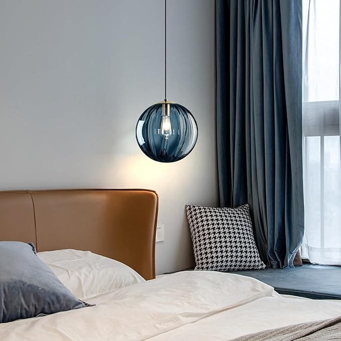 Modern Blue Glass Pendant Light, Kitchen Island Lighting Single Globe Pendant Light Fixtures Century Kitchen Island Pendant Lighting for Bedroom Living Dining Room Light Fixture (Without Bulb)