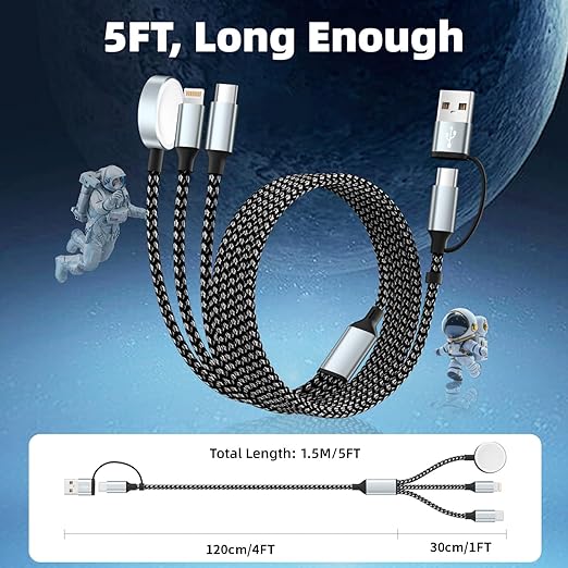Travel 3 in 2 Charging Cable for Apple iWatch Charger, Travel Essentials UB-A/USB-C Multi Charging Cable/Cord for All Devices Compatible for iWatch Ultra/SE/10-1, iPhone16 15 14, Android-5FT