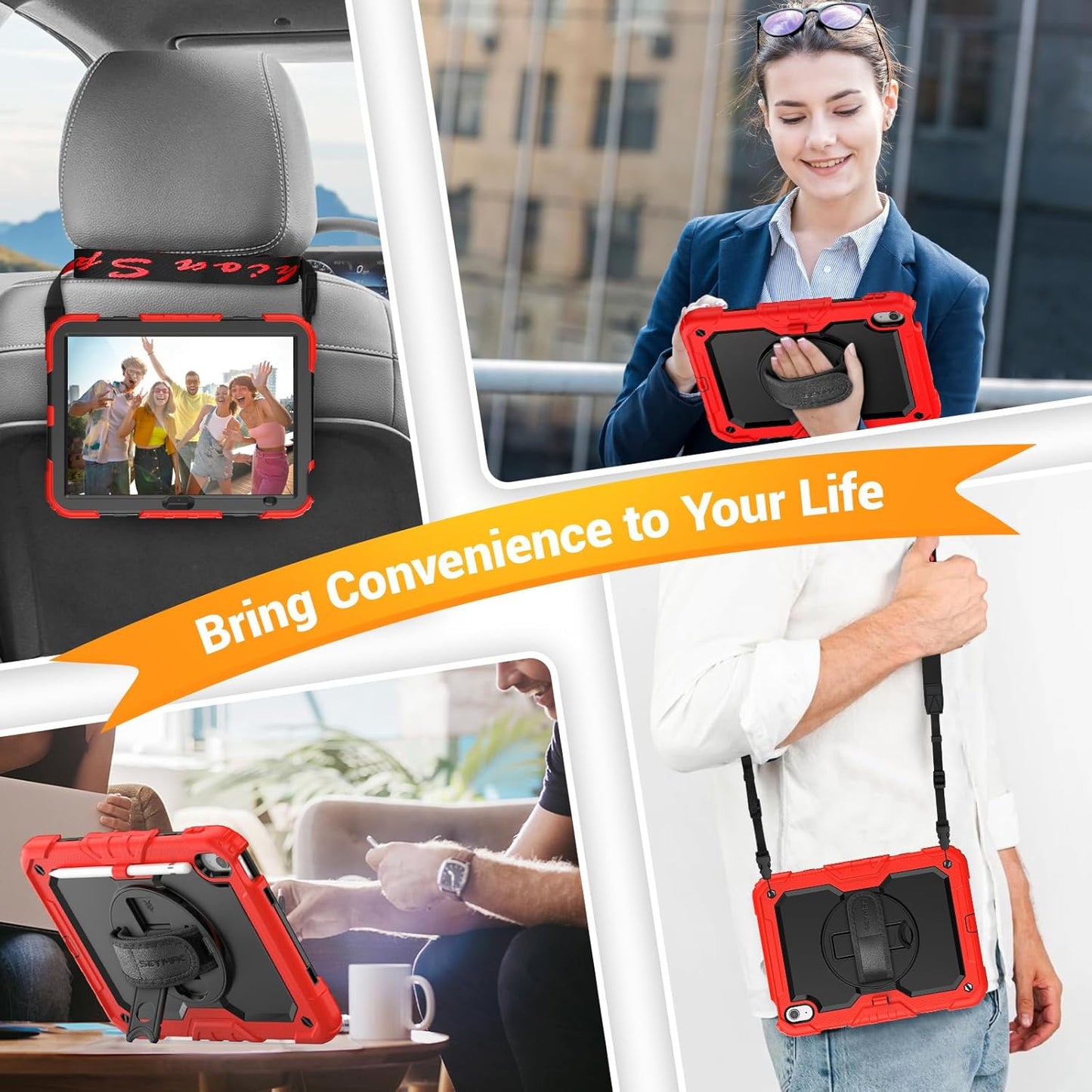 SEYMAC for iPad (A16) 11th/10th Generation Case 2025/2022 (11″/10.9″), Sturdy Heavy Duty Full-Body Shockproof Protective Case with Screen Protector, Rotating Stand, Hand/Shoulder Strap, Black/Red