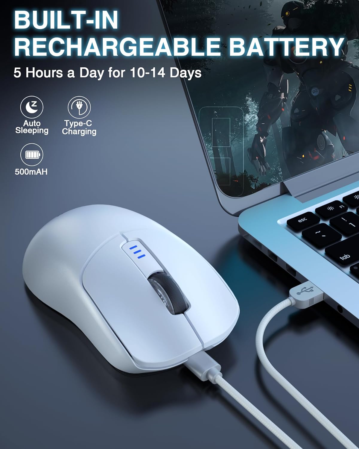 AULA SC580 Wireless Gaming Mouse, Tri-Mode 2.4G/BT5.0/USB-C Gaming Mouse, 12000 DPI Rechargeable Wireless Mouse with 6 Programmable Buttons, Ergonomic Computer Mouse for Laptop/PC/Mac/Tablet