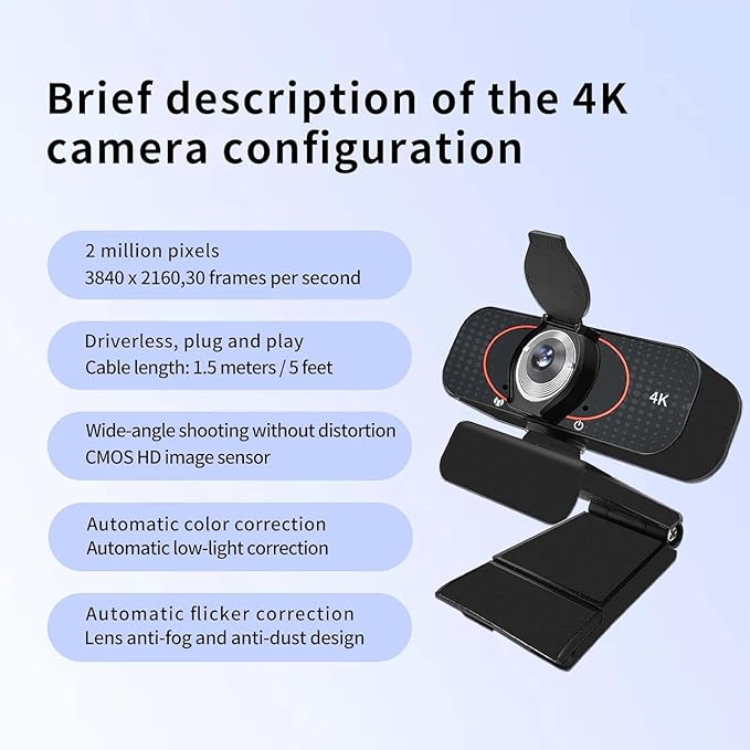 Webcam for pc, Camera for Computer/Laptop/Light Correction/Microphone, Web cam for Streaming/Gaming/Online Classes/Conferences/Video Callings,Updated HD 4K Webcam