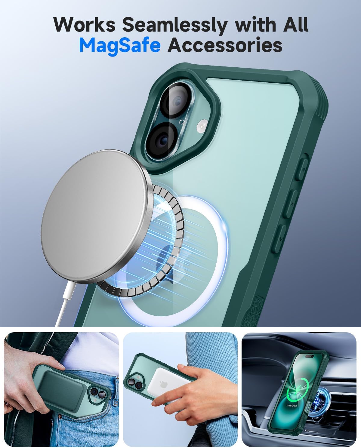 seacosmo for iPhone 16 Case, Full Body Bumper with Built-in 9H Tempered Glass Privacy Screen Protector and Camera Lens Protector, Compatible with MagSafe, Shockproof 16 Phone Case, 6.1", Green