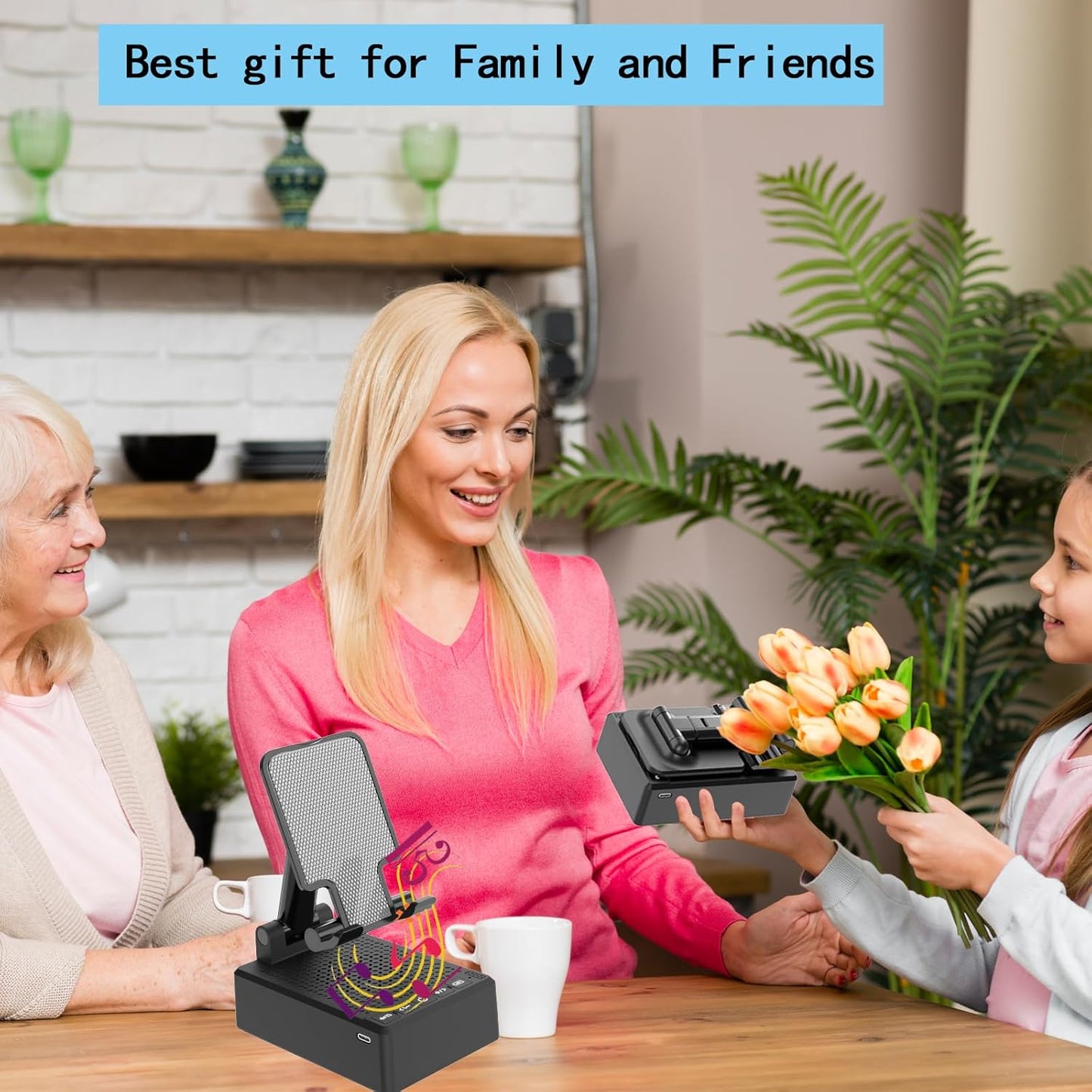 Birthday Gifts for Men,Cell Phone Stand with Wireless Bluetooth Speaker and Antislip Base HD Surround Sound for Home and Outdoors with Bluetooth Speaker for Desk Compatible with iPhone (Black)