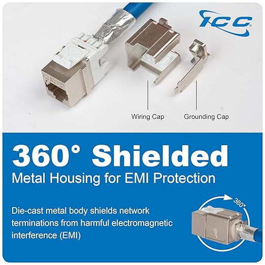 ICC Shielded FTP CAT6A Keystone Jack with Slim Profile 180 Degree Punch Down, 10Gbps RJ45 UL Listed PoE++ TAA Compliant for Wall Plate or Patch Panel, Works with JackEasy Termination Tool, 25 Pack