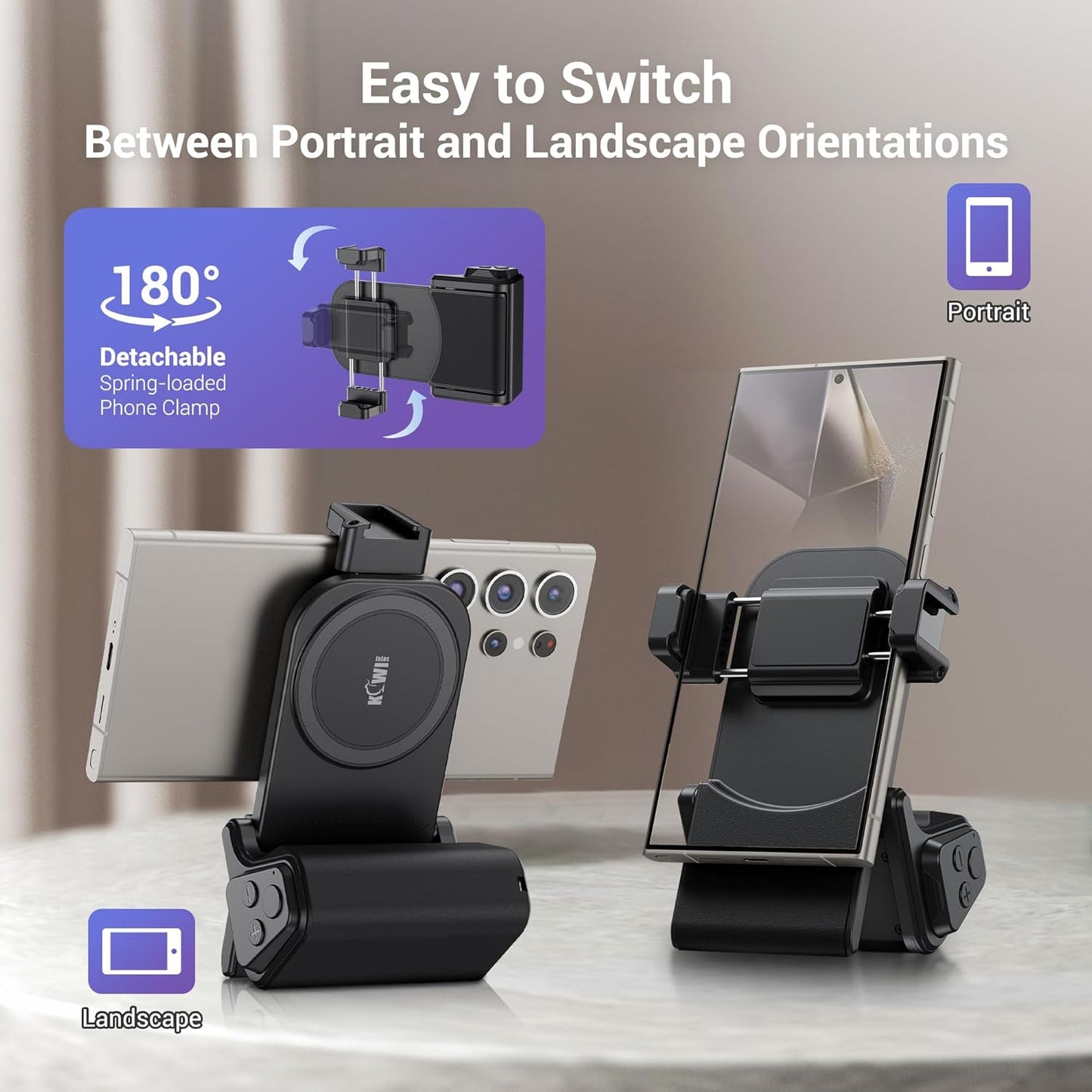 KIWIFOTOS Universal Phone Camera Grip Phone Tripod Mount with Remote Control & Cold Shoe Adapter for iPhone 16 Pro Max Samsung Travel Selfie Vlog Video Shooting Camera Grip