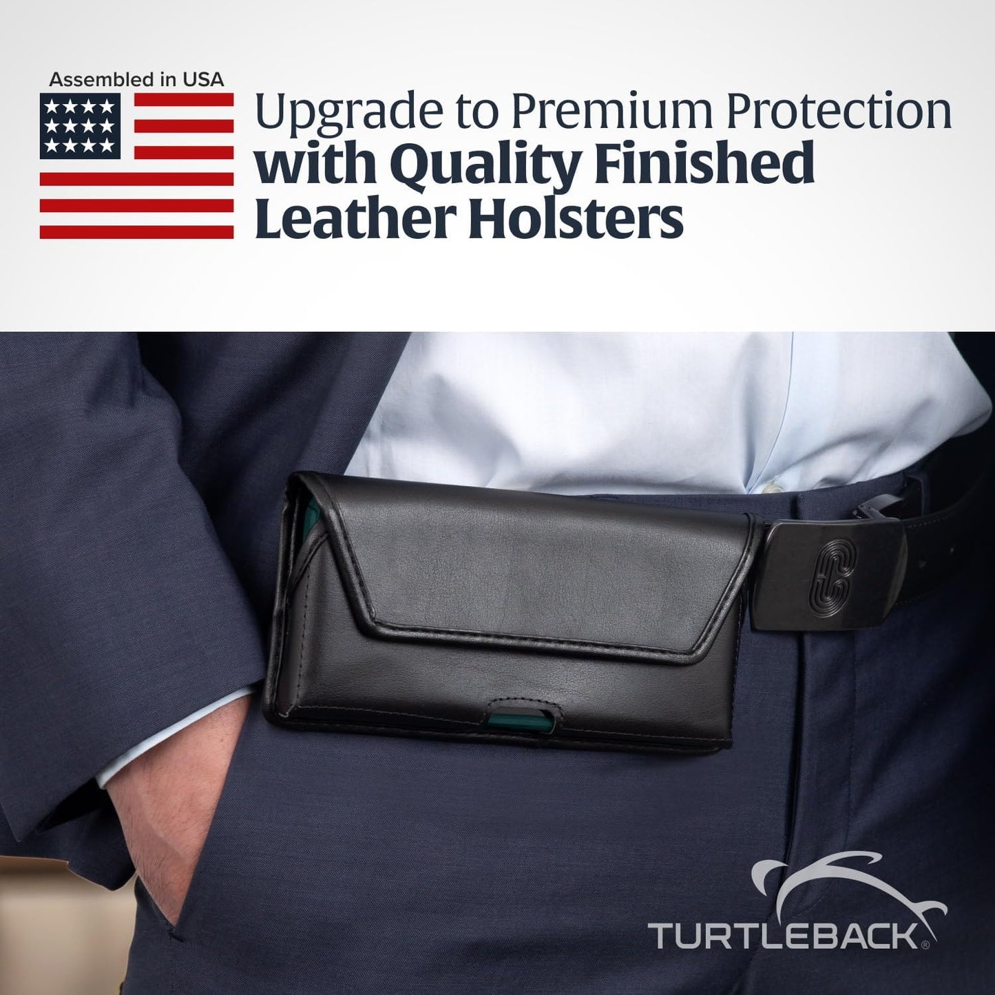 Turtleback Belt Holder for iPhone 16 Pro Max, 15 Pro Max, 14 Pro Max -Small- Fits w/Slim MagSafe Style Cases, Premium Black Leather Horiz. Belt Holster, Magnetic Closure, Leather Wrapped Clip