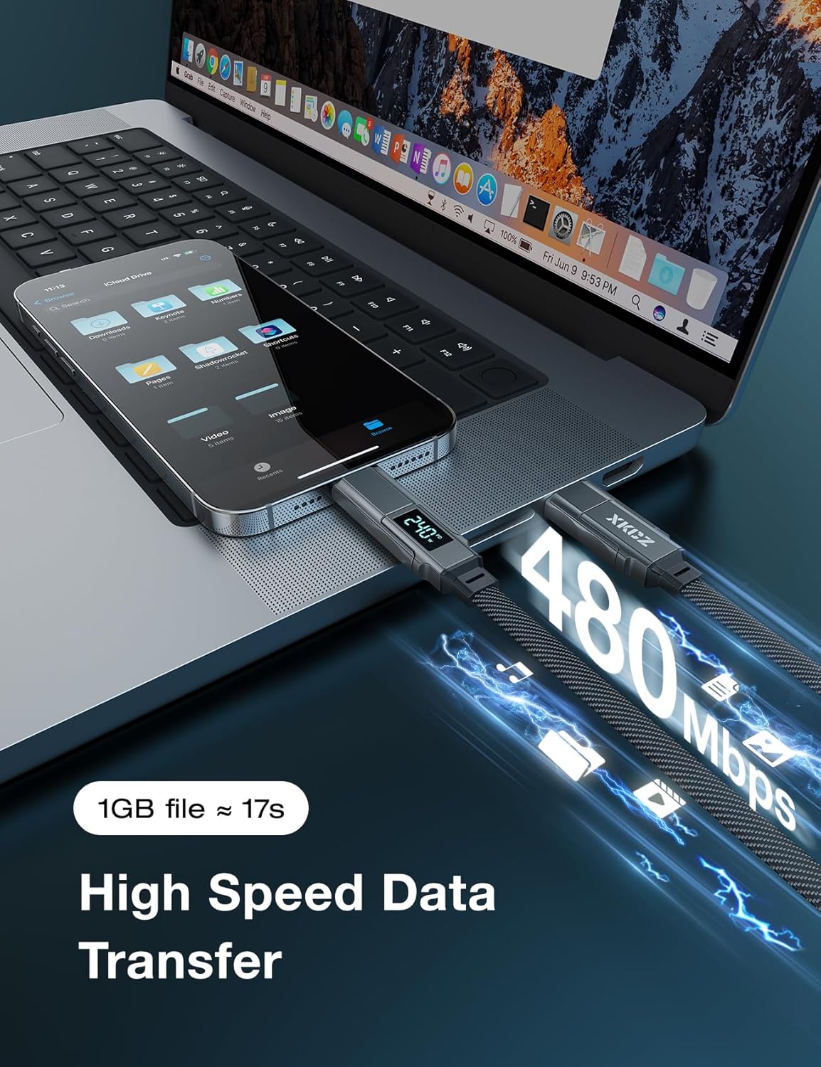 4 in 1 USB C Cable with Wattage Display, 240W Flat Nylon Braided Multi Charge Cable with Data Sync, USB C Charging Cord Combo Type C/USB A/L Port for iPhone/iPad/Samsung/Laptop, 3FT